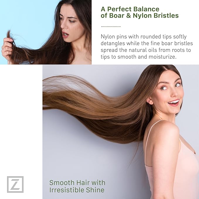 Natural Boar Bristle Hair Brush for Women, Men, Kids; Dry and Wet Detangling Hair Brush Gently Enhances Shine, Smooths Frizz and Prevents Breakage in Fine and Straight, Thick and Curly Hair (long)
