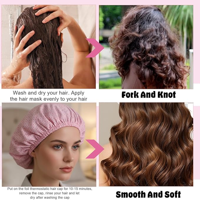 2 Pcs Heat Cap for Deep Conditioning, Conditioning Cap Made of Aluminum Foil with 100pcs Disposable Plastic Caps, Portable Thermal Hair Steam Caps for Home and Salon Use Hair Dyeing
