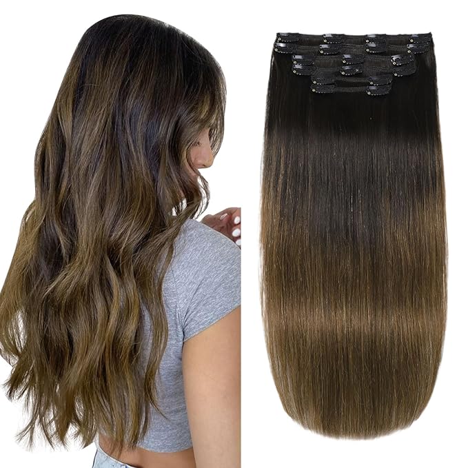 XDhair 22 inchClip in Hair Extensions Real Human Hair 120g 6Pcs Ombre Color Natural Black Fading to Medium Brown Clip in Hair Extensions Natural Soft (#1BT4, 22 inch)