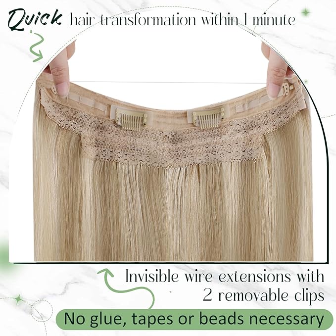 RUNATURE Invisible Wire Hair Extensions Real Human Hair with Transparent Wire, Fish Line Hair Extensions, Remy Soft Natural Hairpieces, Easy to Apply, 18 Inch 80g #16P22 Dark Ash Blonde Highlights