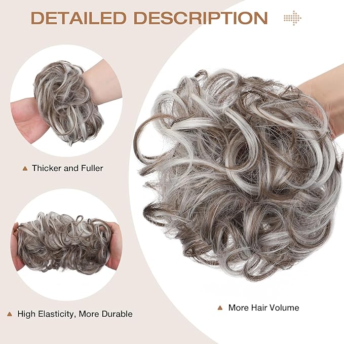 Messy Bun Hair Piece Wavy Curly Scrunchies Fluffy Donut Thick Updo Elegant Chignon Hairpieces for Women Girls, Ash Blonde Mix Light Gray 1.4oz