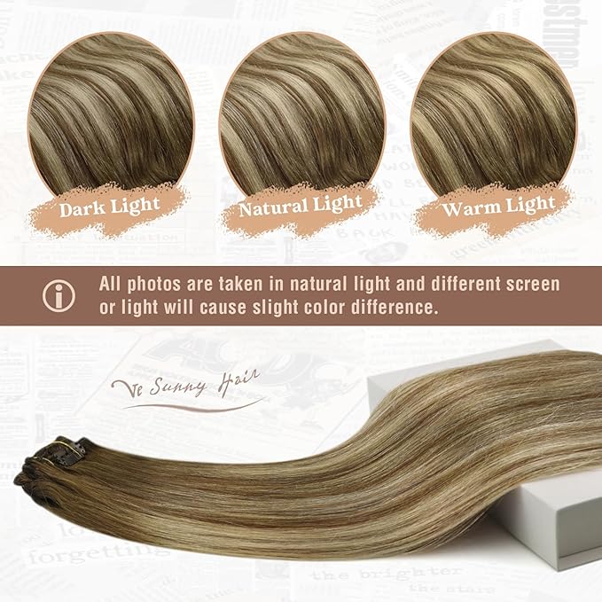 Ve Sunny Clip in Human Hair Extensions Balayage Clip on Hair Extensions Chestnut Brown with Blonde Ombre Clip in Extensions Human Hair Double Weft Remy Human Hair 18inch 7pcs 120g