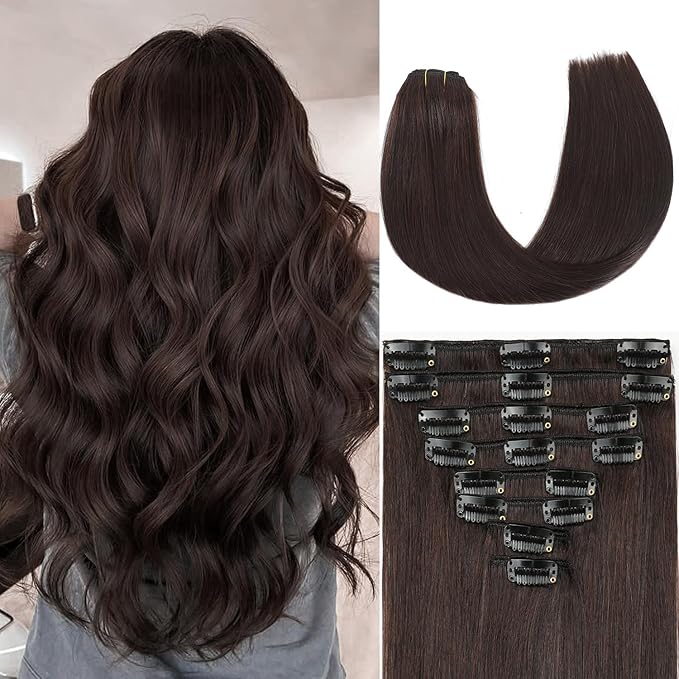 Dark Brown Clip in Hair Extensions Real Human Hair Invisible Seamless Remy Human Hair Clip in Extensions for Women 16 Inch 90g, 8pcs Per Set with Double Weft