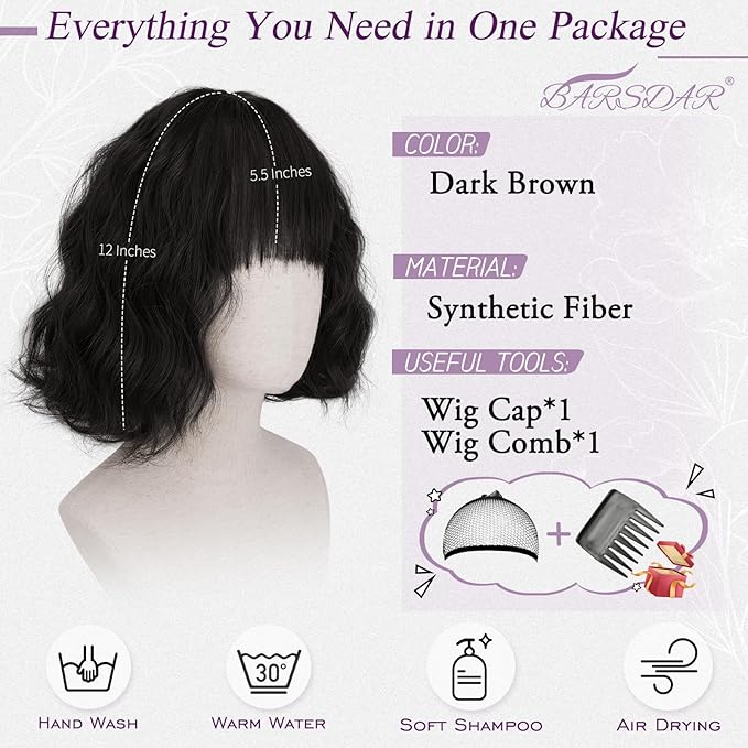 BARSDAR Dark Brown Short Wavy Wig with Bangs - Short Curly Dark Brown Wigs for Women - Wavy Textured French Bob Wig with Bangs Soft Synthetic Natural Looking Face-Framing Daily