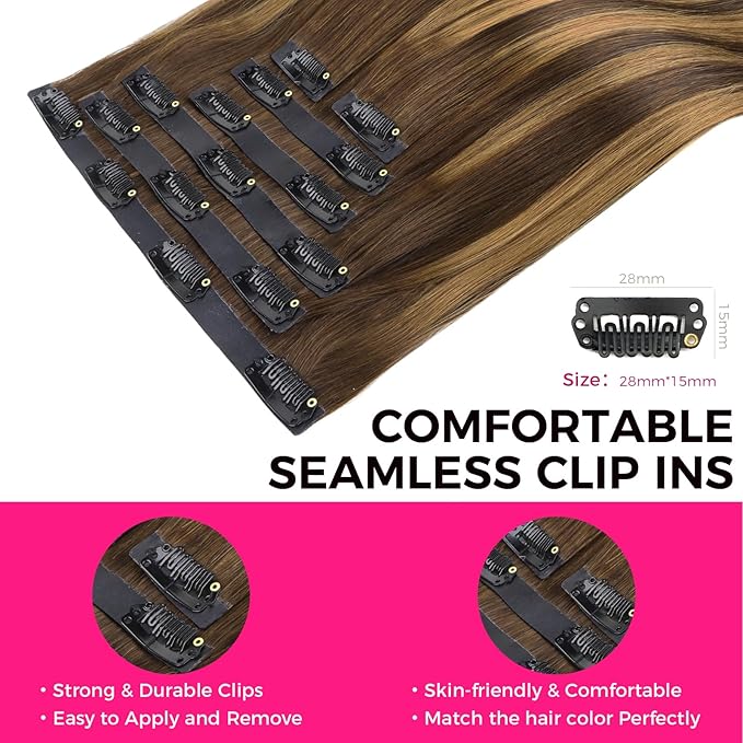 Lashey Seamless Clip in Hair Extensions Human Hair, 14 Inch 110g 7pcs Straight Balayage Chocolate Brown to Honey Blonde with Brown Root Highlight Clip in Hair Extensions for Women
