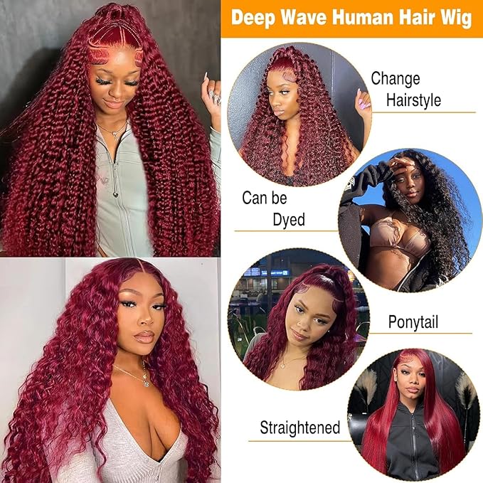 BVLBVL 36 Inch 99j 13x6 HD Lace Front Wigs Human Hair 250% Density Deep Wave Lace Front Wigs Pre Plucked Burgundy Wig Human Hair Wet And Wavy No Tangle No Shedding Triple Lifespan 3x