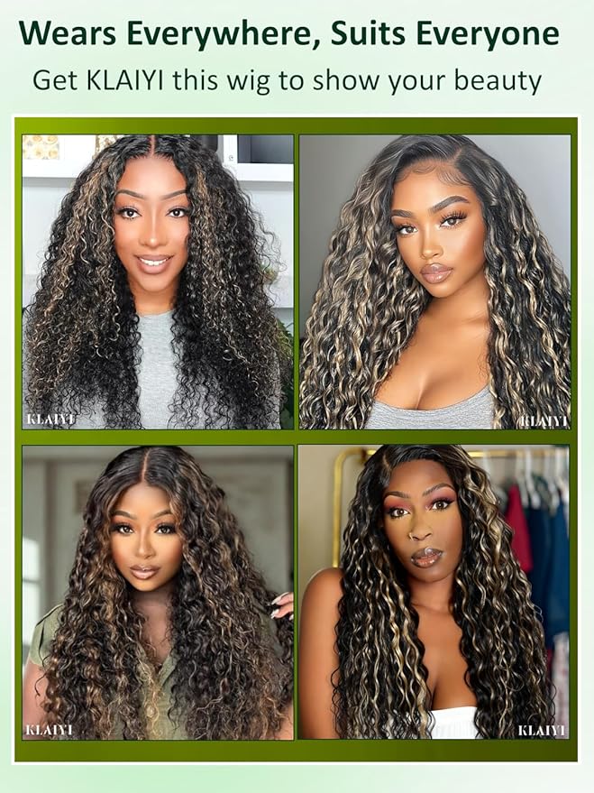 KLAIYI Ombre Highlight Blonde Water Wave Glueless Pre Everything 13x4 Lace Front Wigs Human Hair Drawstring Pre Plucked Pre Bleached Bye Bye Knots Curly Wig with Dark Roots Ready to Wear and Go 24Inch