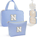 YOOLIFE Hanging Toiletry Bag for Women - Large Travel Toiletry Bag Makeup Bag, Portable Toiletries Cosmetic Bag, Airplane Travel Essentials - Letter N, Blue