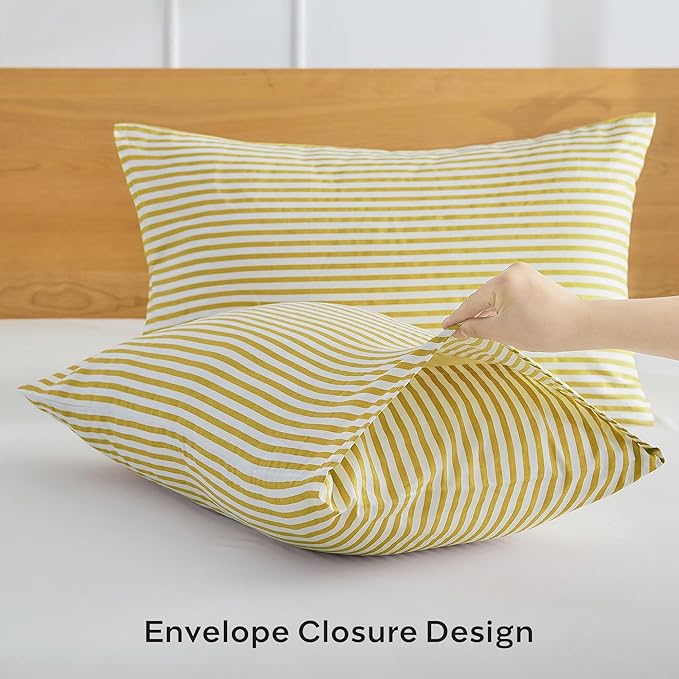 JELLYMONI 100% Natural Cotton Striped Standard Pillowcases Set, 4 Pack White and Yellow Stripes Pillow Covers with Envelope Closure(Pillows are not Included)