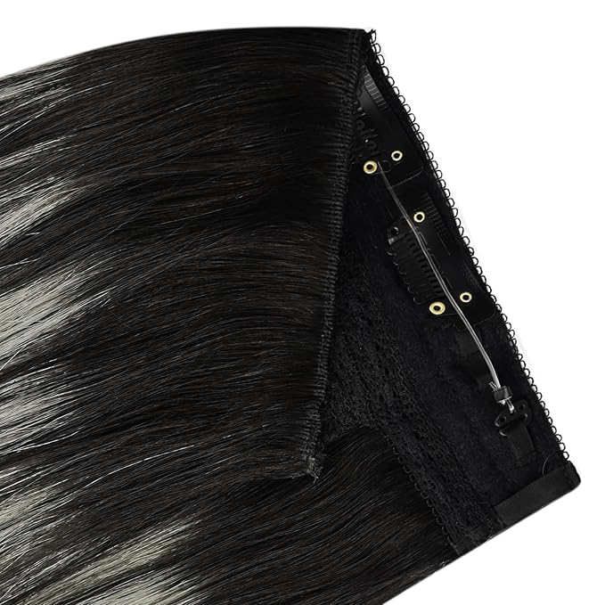 YoungSee Wire Hair Extensions Real Human Hair Ombre Secret Wire Human Hair Extensions Balayage Black with Silver Natural Fish Line Hair Extensions Human Hair 14In 80G