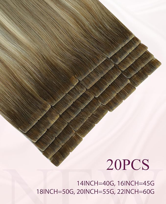 Pinkpearl Invisible Tape in Hair Extensions Human Hair, 20pcs 16inch 45g #3/8/22 Balayage Walnut Brown to Ash Brown and Golden Blonde Injection Tape in Extensions Real Remy Human Hair Injected