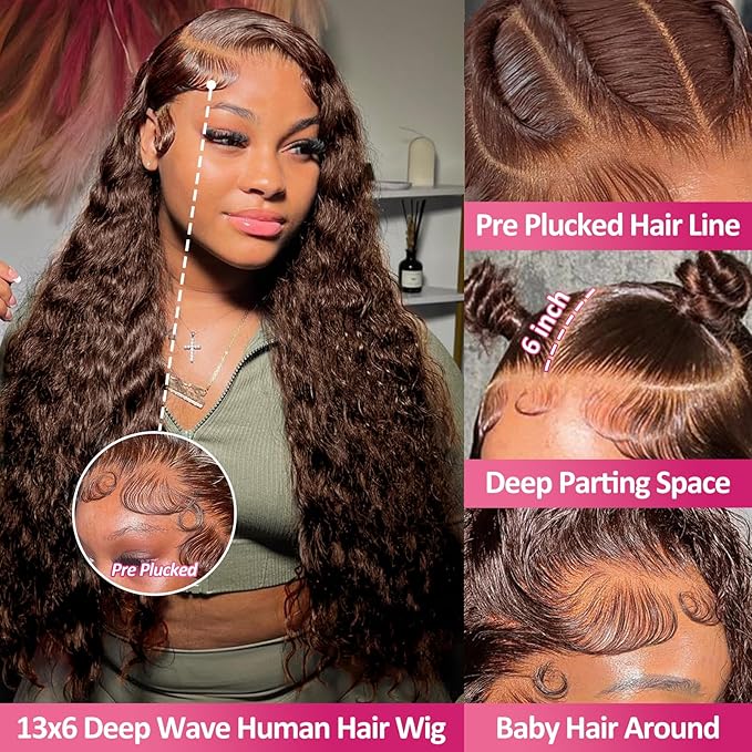 Chocolate Brown Deep Wave 13x6 HD Lace Front Wigs Human Hair 200 Density Curly Wig Wet and Wavy Lace Front Wigs for Women Human Hair Wig Pre Plucked with Baby Hair (22 Inch)
