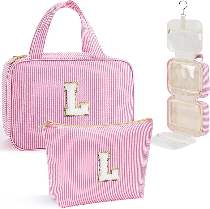 YOOLIFE Christmas Gifts for Teenage Girls Kids Stocking Stuffers, Initial Hanging Toiletry Bag for Teen Girl Kids, Travel Toiletry Bag Gifts for Mom Daughter Sister Friends, Letter L, Pink