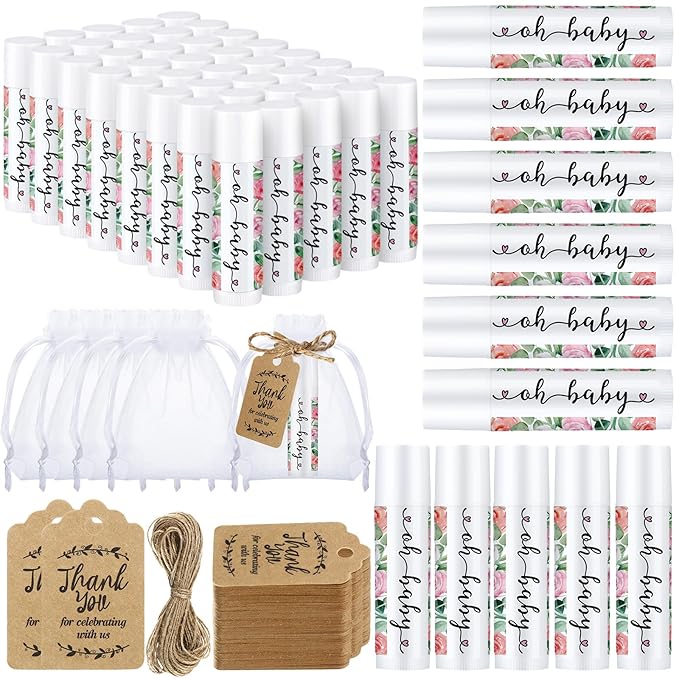 Demissle 50 Pcs Baby Shower Lip Balm Gift Set with 100 Pcs Organza Bags Baby Shower Party Favor for Guest Thank You Tag Rope Baby Shower Party Decoration Gender Reveal Souvenirs(Watercolor Flower)