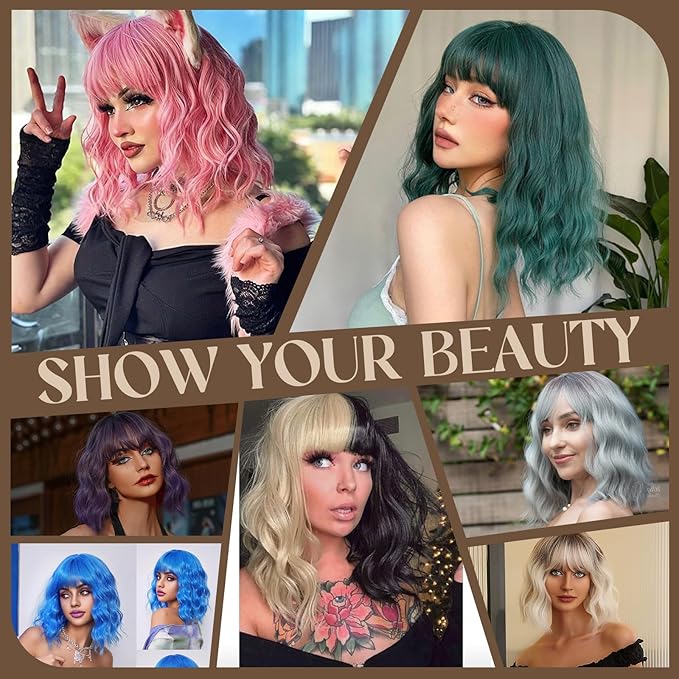 MISSQUEEN Short Black and Blonde Wavy Wig with Bangs for Women Heat Resistant Synthetic Hair Two Color Cosplay Party Costume Wig Halloween Wig
