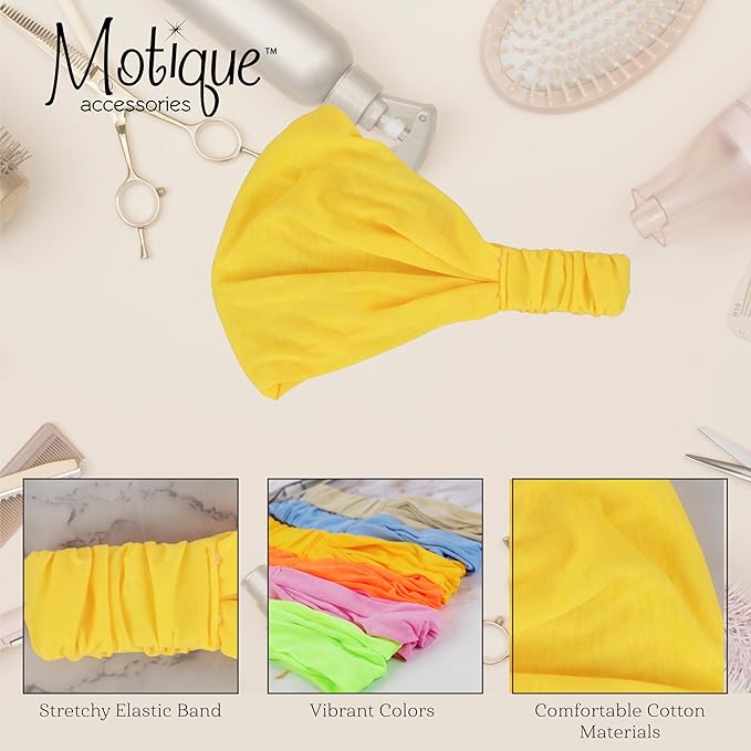 Motique Accessories Yellow Wide Cotton Head Band Solid Boho Yoga Style Soft Hairband for Women