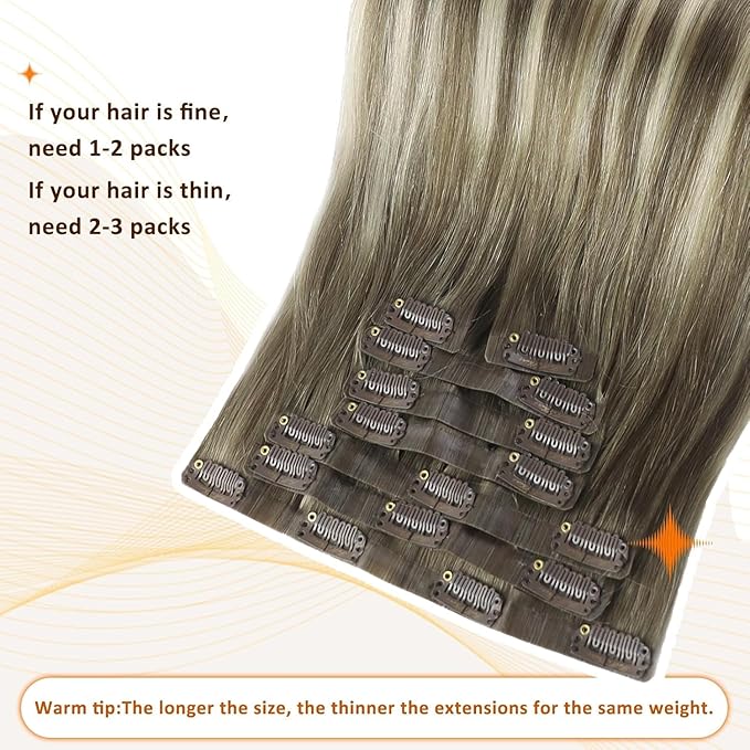 Full Shine Human Hair Clip in Extensions Balayage Human Clip in Hair Extensions Ash Brown Ombre Platinum Blonde Straight Clip ins Softness 14 Inch 8 PCS 120 G