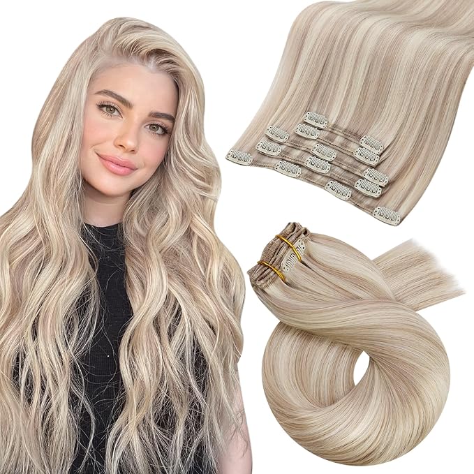 Moresoo Clip in Hair Extensions Real Human Hair Ash Blonde with Bleach Blonde Human Hair Clip in Extensions Straight Double Weft Full Head 5Pcs 80G 20Inch