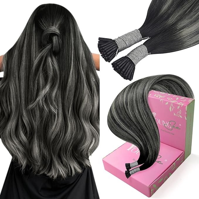 YoungSee Itip Human Hair Extensions Ombre Black 22 Inch I Tip Extensions Silver with Black Balayage Itip Extension Human Hair Pre Bonded Hair Extension Itips Hair Extension Long Hair 50s 50g