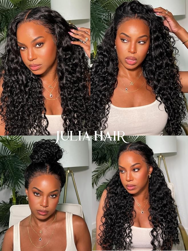 Julia Hair Bye Bye Knots Wig 13x4 Glueless Wigs Human Hair Mixed Curls Water Wave and Jerry Curly Fluffy Wig Pre Everything Pre Plucked Pre Cut HD Lace Bleached Knots Natural Black 20 Inch