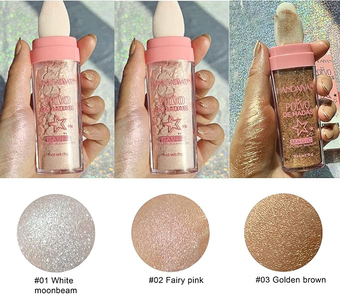 Polvo De Hadas - Body Glitter Highlighter Powder Fairy Stick for Makeup Shimmer and Shine High Gloss Blush Contour Powder Makeup - Sparkle Patting Powder for Hair Face Eyes Body