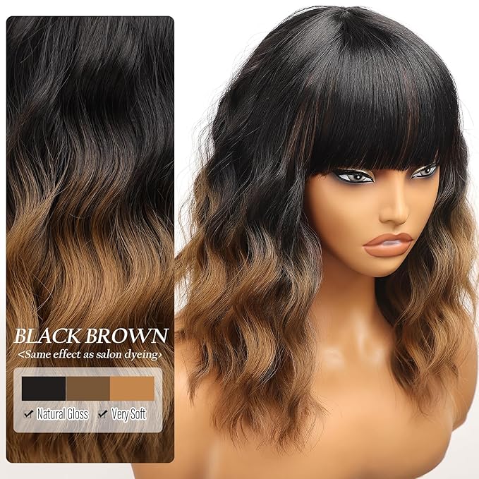Nnzes Short Wavy Wig with Bangs for Women Shoulder Length Bob Curly Women's Charming Synthetic Wigs with Natural Wavy Black To Brown Heat Resistant Hair for Daily Party Use