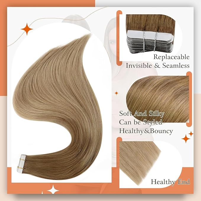 Full Shine Tape in Hair Extensions Human Hair 12Inch Tape Extensions Color 10 Golden Brown to 14 Dark Blonde Ombre Tape ins Human Hair Extensions Seamless Remy Human Hair 30G 20pcs for Wedding