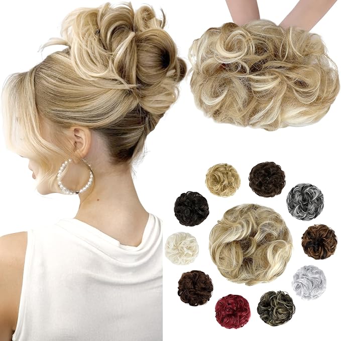 Messy Bun Hair Piece Wavy Curly Scrunchies Fluffy Donut Thick Updo Elegant Chignon Hairpieces for Women Girls, Ash Blonde Mix Bleach Blonde 1.4oz