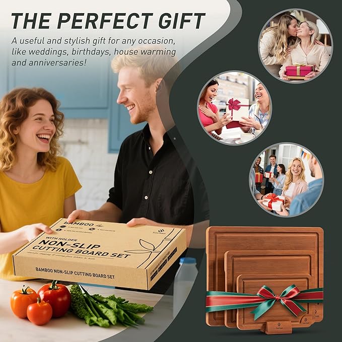 3 Packs Bamboo Cutting Board Set with Non Slip Feet Holder and Over Sink Nice Solid Thick Wood Juice Groove Chopping Board Extra Large Big Small Best Hardwood Kitchen Organic Vegetable Meat BBQ Kit