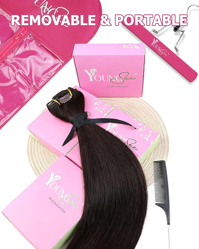 YoungSee 150G Hair Extensions Clip ins Brown Straight Long Hair Clip in Extensions Dark Brown Clip in Hair Extensions Human Hair for Natural Look 22Inch 7Pcs