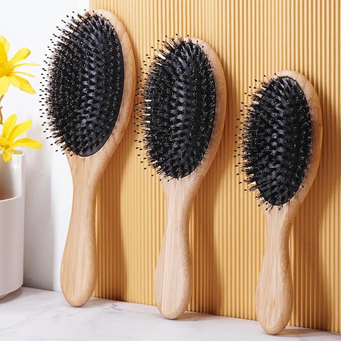 Lindale Boar Bristle Hair Brush for Women Men, Natural Bamboo Detangler Paddle Hairbrush for Hair Growth Beard Massaging Scalp, Reduces Static for Curly Hair with Ergonomic Handle