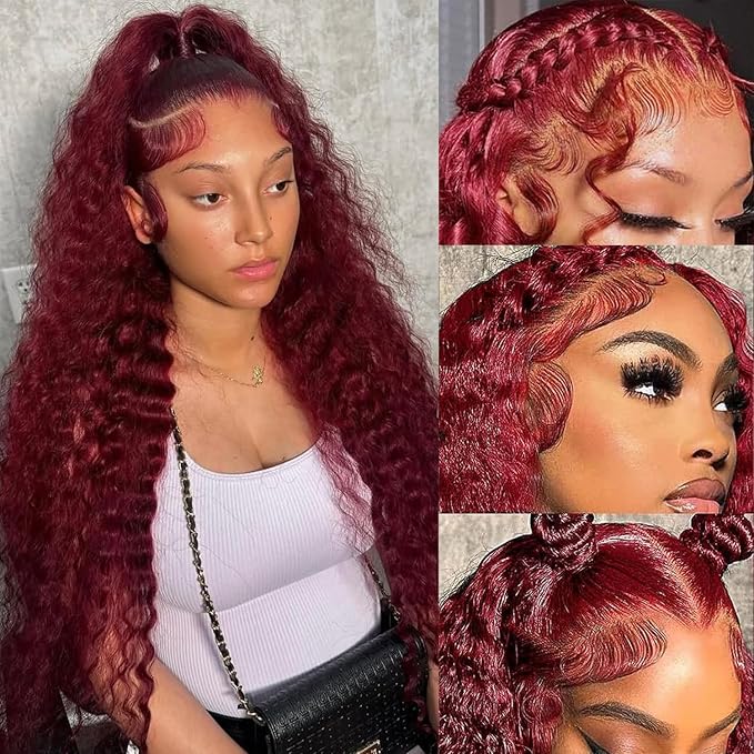 36 Inch 13x6 Deep Wave Burgundy Lace Front Curly Red Frontal Wigs Human Hair For Women Red Deep Wave Human Hair 200 Density Burgundy HD Lace Front Wigs Pre Plucked