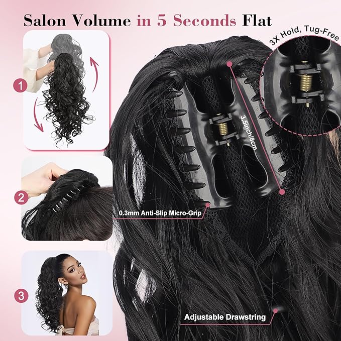 QGZ 20" Wavy Ponytail Extension, Claw Clip Ponytail Hair Extension, Natural Synthetic Hairpiece for Women Daily Use(Dark Brown)