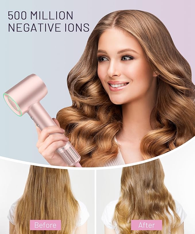 Cosy Companions Hair Dryer - 150000 RPM High-Speed Brushless Motor Negative Ionic Blow Dryer for Fast Drying, Low Noise Thermo-Control Hair Dryer with Diffuser and Nozzle, Gleaming Pink