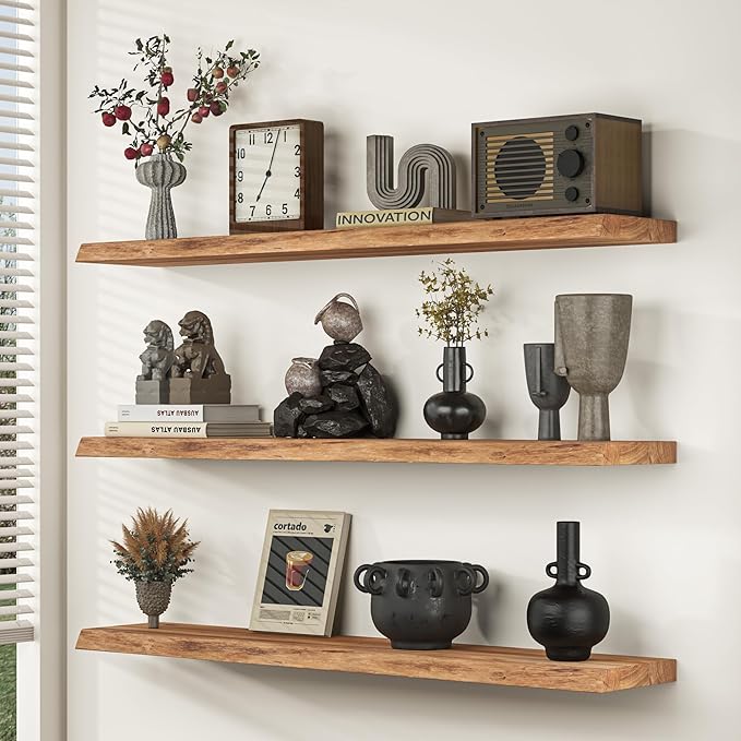 Floating Shelves for Wall, 48"x9.3" Rustic Solid Live-Edge Elm Wood Wall Shelves, Heavy-Duty Floating Shelves with Invisible Brackets for Living Room, Bedroom, and Kitchen, Natural Finish