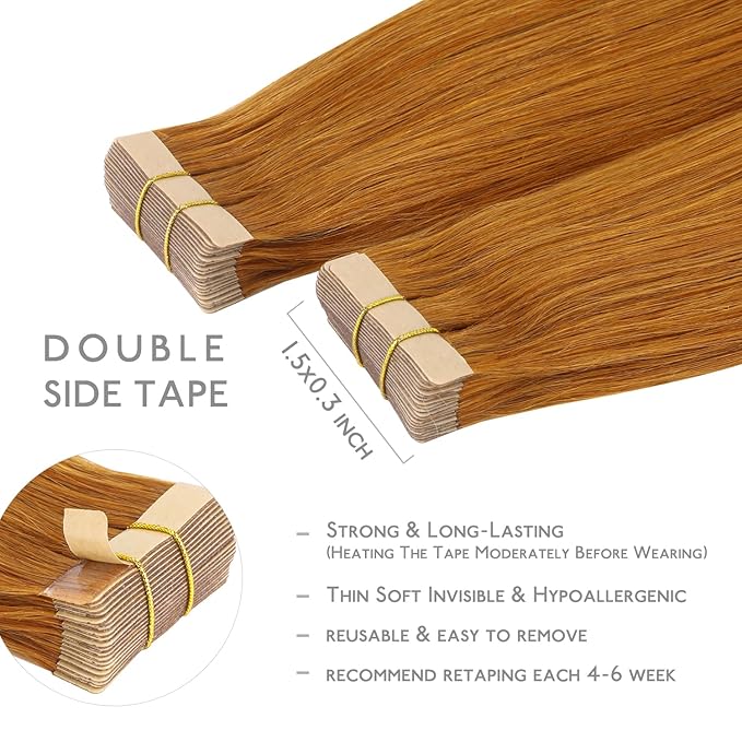 WENNALIFE Tape in Hair Extensions Human Hair, 20pcs 50g 20 inch Auburn Ginger Remy Hair Extensions Straight Human Hair Tape in Extensions Skin Weft Tape Extensions Human Hair