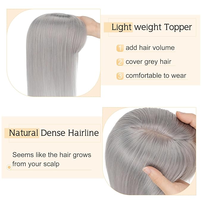 SEGO Grey Hair Toppers for Women Real Human Hair With Bangs, 7 * 13 CM Silk Base Clip In Topper Wiglet, Top Pieces Add Volume -6 Inch G1 Silver Grey