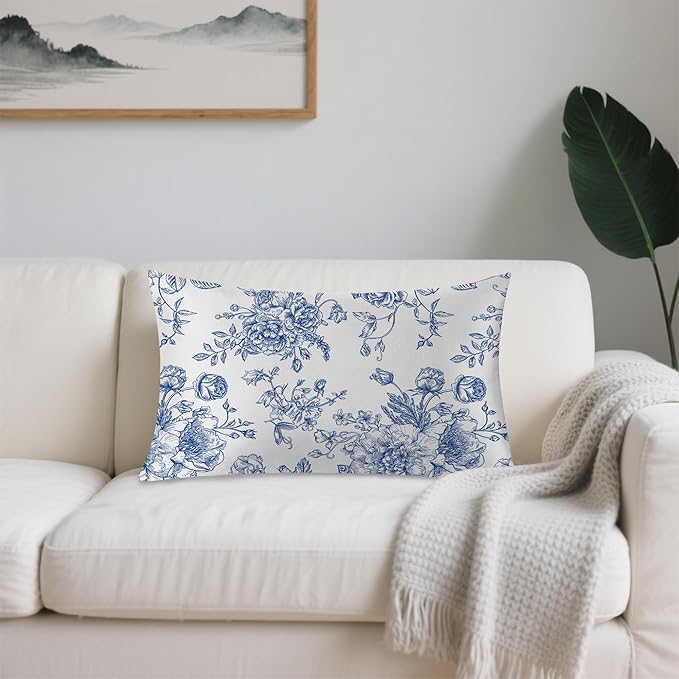 Satin Pillowcase 1 Pack-Blue Flowers Peonies Roses Silky Pillow Cover for Hair and Skin,Standard Size 20x26 Inch Soft Cooling Printed Pillow Cases with Hidden Zipper,Gifts for Women Men