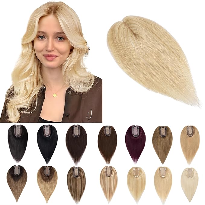 SEGO Human Hair Toppers for Women With Thinning Hair, 7 * 13CM Silk Base 100% Real Human Hair Clip in Top Wiglet Hairpieces /8 Inch No Bangs Ash Blonde&Bleach Blonde