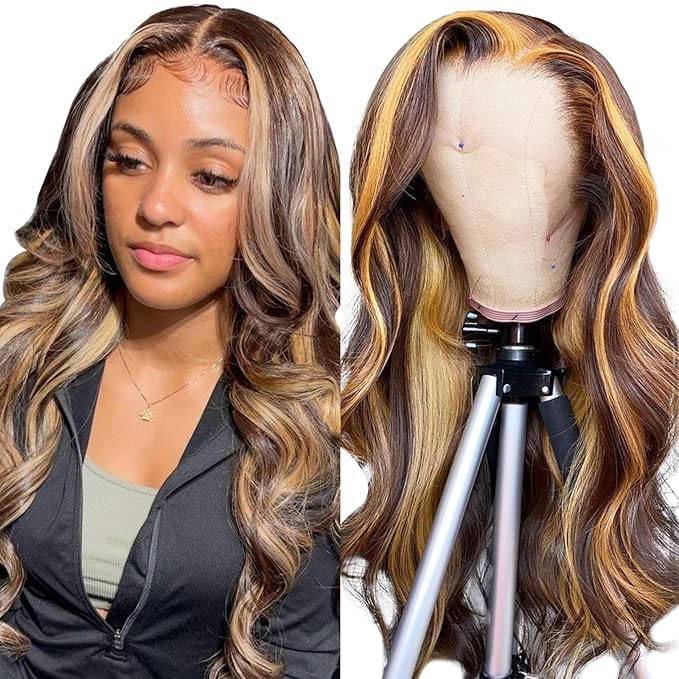 Ombre Lace Front Wigs Human Hair Pre Plucked 13x4 HD Transparent 4/27 Colored Body Wave lace frontal Wigs Human Hair 200% Density Honey Blonde Lace Front wigs for Women 26 Inch