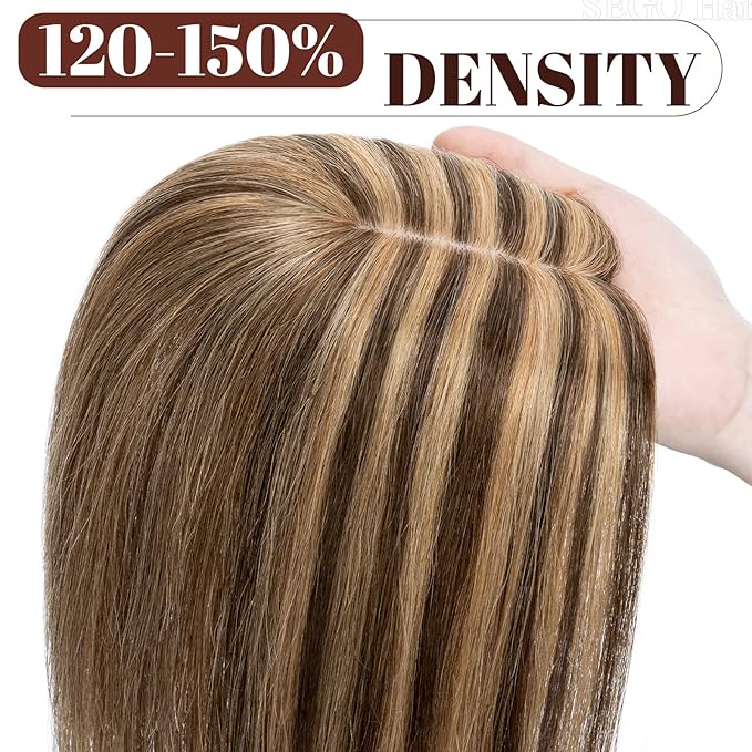 SEGO Real Human Hair Topper for Women, No Bangs Hair Topper with Anti-Slip Clips (18 Inches Medium Brown Mix Dark Blonde)