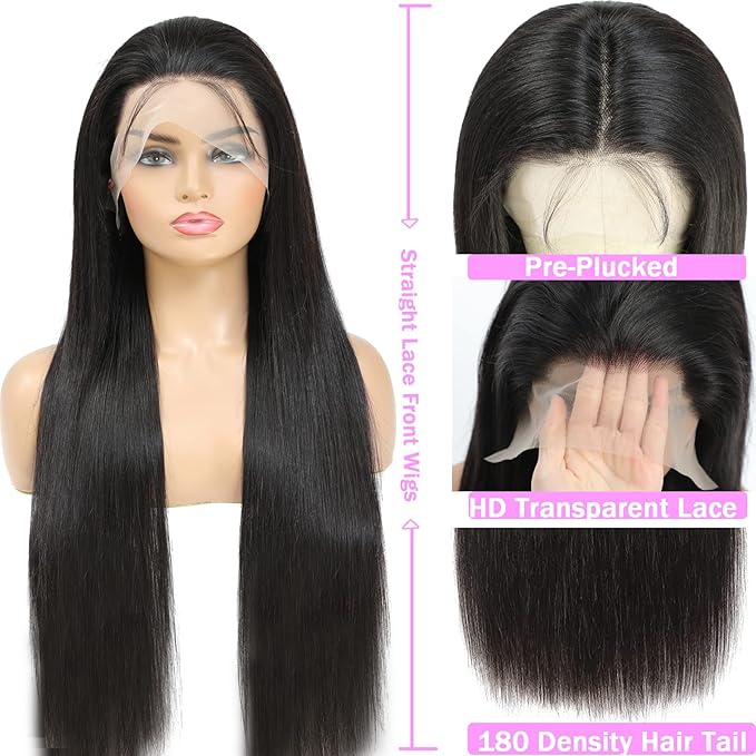 13x6 Lace Front Wigs Human Hair Pre Plucked 180 Density 24 Inch Straight Lace Front Wigs HD Lace Frontal Wigs for Women Natural Black with Baby Hair Glueless Wigs