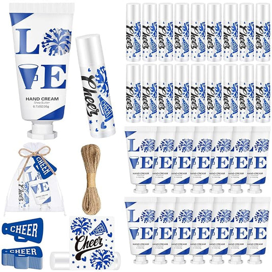 144 Pcs Blue Cheer Favors Natural Bulk Lip Balm and Hand Cream Set, Include 36 Lip Balm 36 Moisturizing Hand Cream 36 Bags 36 Card and Rope cheer accessories for Team Sports Party Supplies