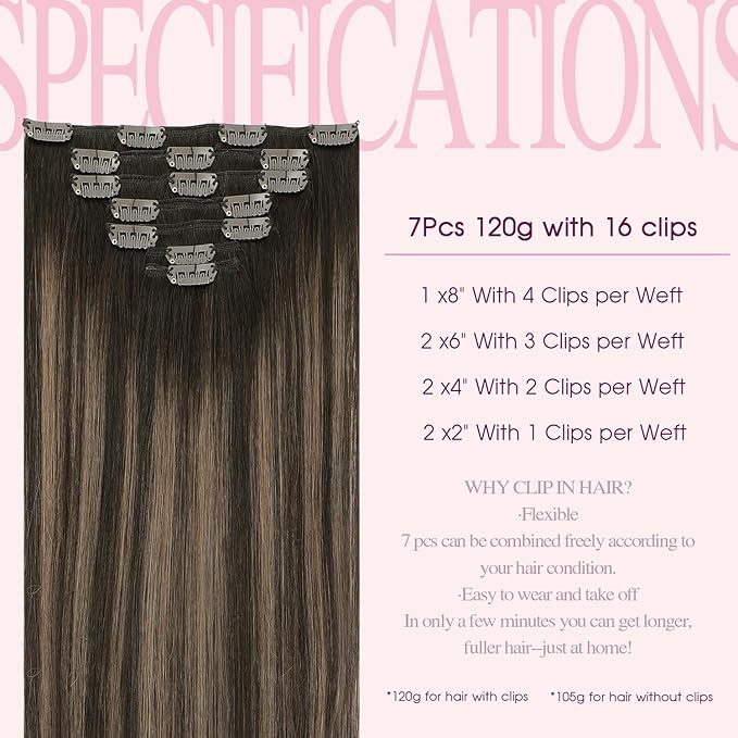 PINKPEARL Clip in Hair Extensions Human Hair Extensions, #2/6/2 Balayage Dark Brown to Chestnut Brown 120g 7pcs 18 Inch Real Human Hair Extensions Clip in Straight Remy Silky Weft(#2/6/2-18)