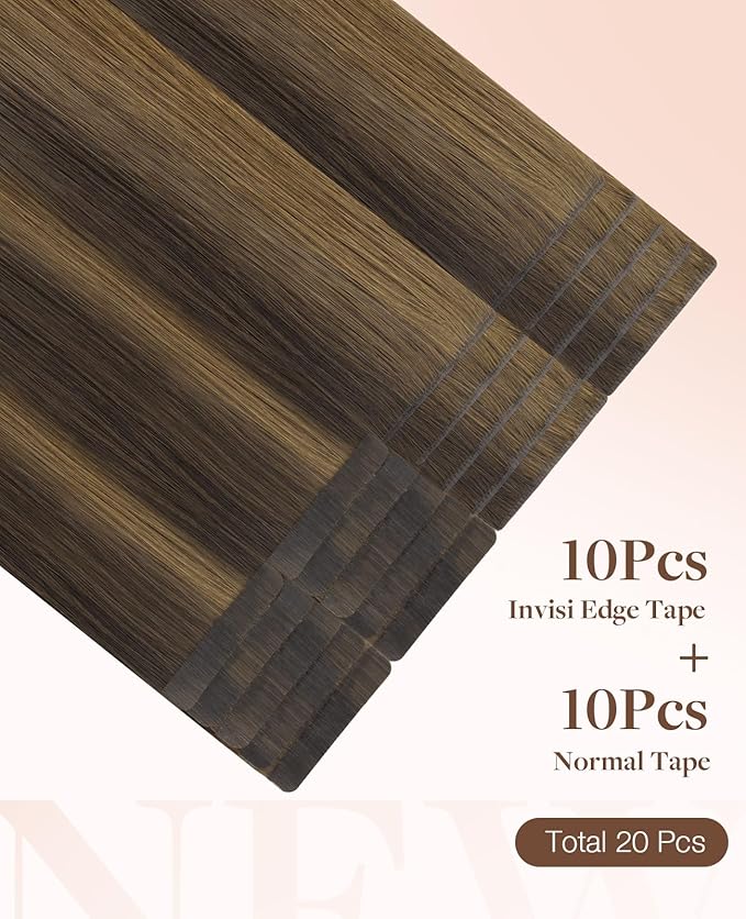 GOO GOO Invisi Edge Tape in Hair Extensions Human Hair, 2C/4E/6C Brown Sugar Swirl Highlights 10pcs injected with 10pcs classical tape ins, 14inch 50g, Virgin Remy Hair, Natural Look