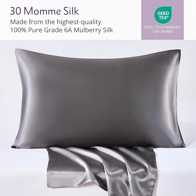 Mulberry Park 30 Momme Silk Pillowcase - Pure Silk Pillowcase for Hair and Skin, Grade 6A Charmeuse Weave Mulberry Real Silk Pillowcase for Luxury Night Sleep - 1 Pc Gunmetal (Queen 20'' x 30'')