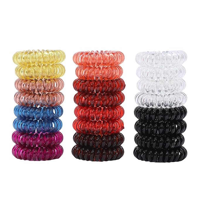 Spiral Hair Ties, 24-Pc No Crease Coil Hair Bands for Thick Hair, No Damage Phone Cord Hair Elastics Hair Scrunchies for Thin Hair, Multi-Color Ponytail Holders for Women Girls Kids