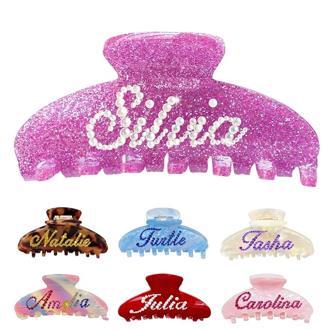Personalized Colorful Name Hair Claw Clips for Women,Custom Hair Clips with Diamond,Cute Hair Accessories 4",Handmade Rhinestones Hair Clamp Gifts for Mom,Bride,Wife,Bridesmaid（Rose Red Glitter）