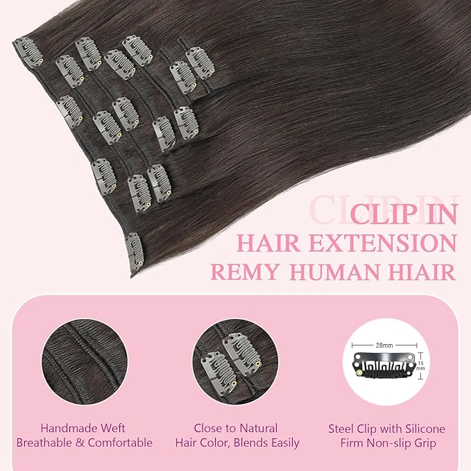 PINKPEARL Human Hair Extensions Clip ins 14inch Clip in Hair Extensions #2 Dark Brown Real Human Hair Clip on 120g 7pcs Remy Hair Clip ins for Women(#2-14)