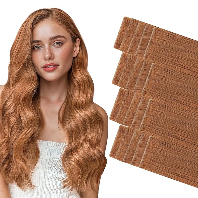 GOO GOO Invisi Edge Tape in Hair Extensions Human Hair, 330 Cinnamon Terra Copper, 20pcs 24inch 50g, Virgin Remy Hair, Seamless Injected Tape, Natural Look